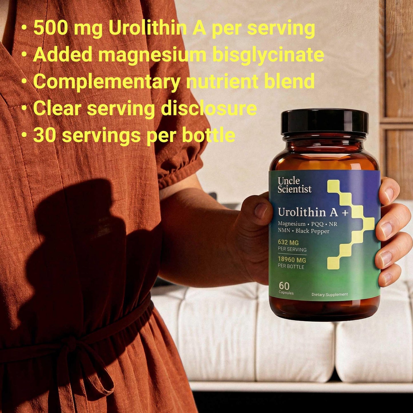 Uncle Scientist Urolithin A 1000 mg with Proprietary Blend, NR, NMN, PQQ, Magnesium Bisglycinate, Black Pepper Capsules, 60 Capsules