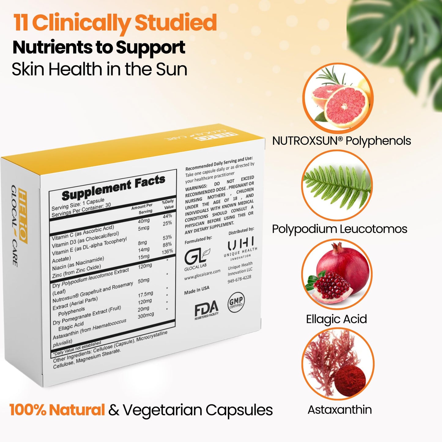 GlocalCare Helio Antioxidant-Rich Sun Defense & Skin Rejuvenation Supplement with Polypodium, Nutroxsun, Astaxanthin & Pomegranate Extract, 30 Capsules