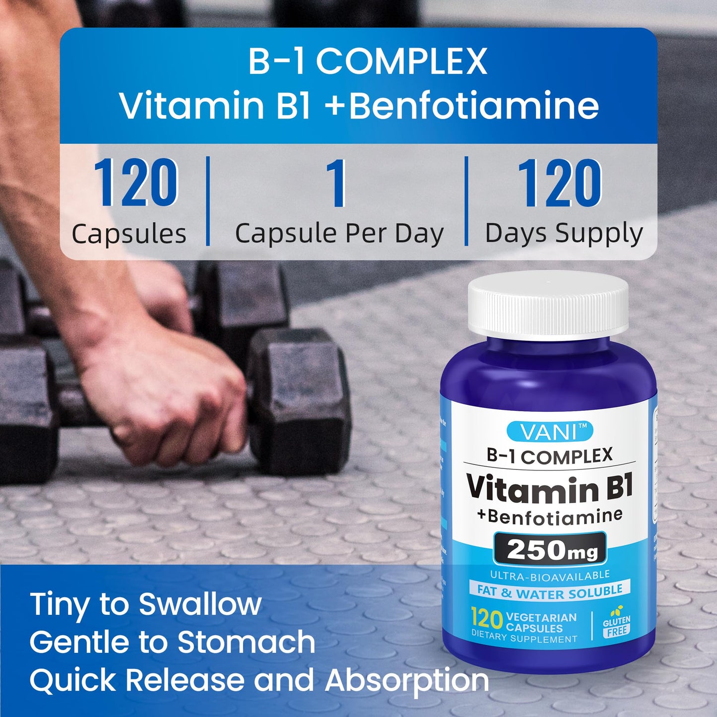 VANI Vitamin B1 with Benfotiamine, Complex 2 in 1 Enhanced Formula - Fat & Water Soluble Thiamine B1 Supplement Capsule, 120 Count