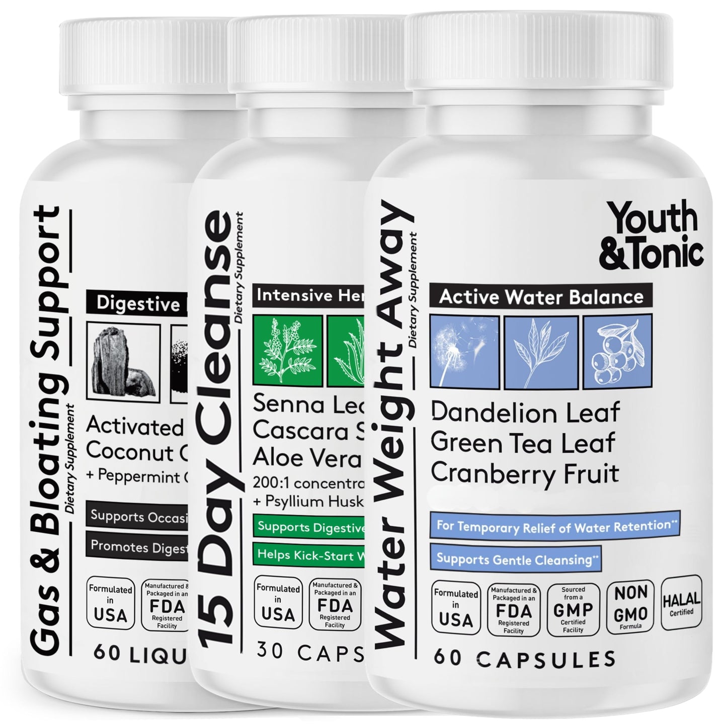 Youth & Tonic Belly Bloating Relief Capsules, 3-Pack