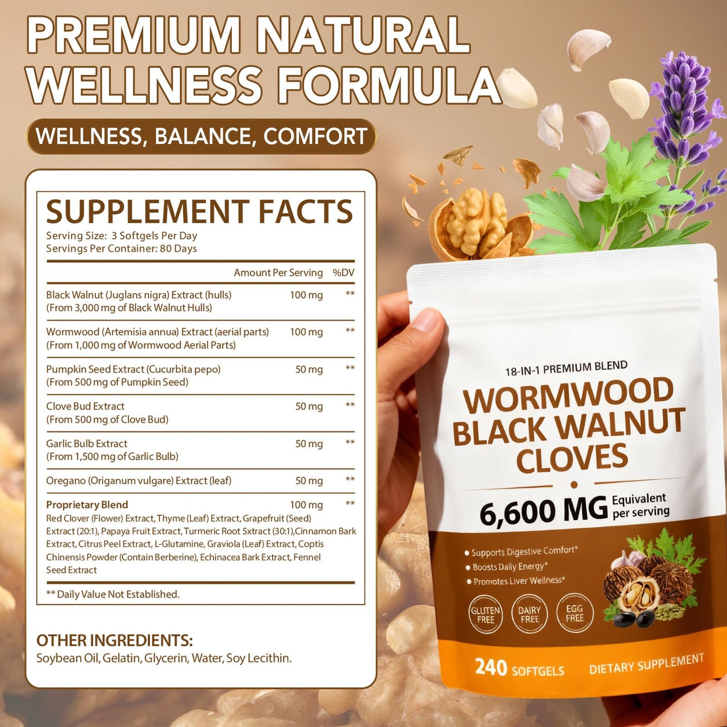 PULLING OIL Wormwood Black Walnut Clove Herbal Complex 18-in-1 Blend with Pumpkin Seed Turmeric Garlic Oregano Berberine Capsules 240 Count