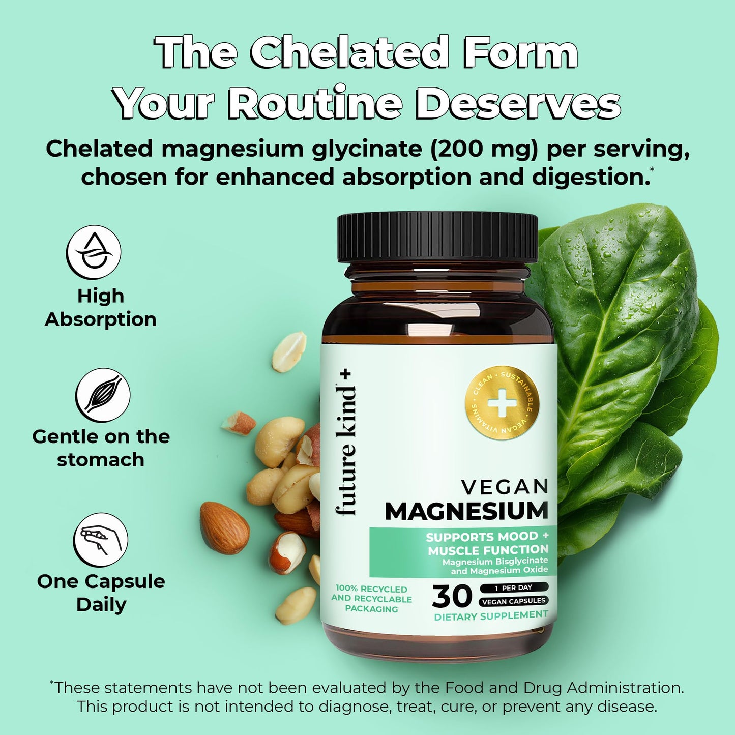 Future Kind 200mg Chelated Magnesium Glycinate Supplement Capsule, 30 Capsules