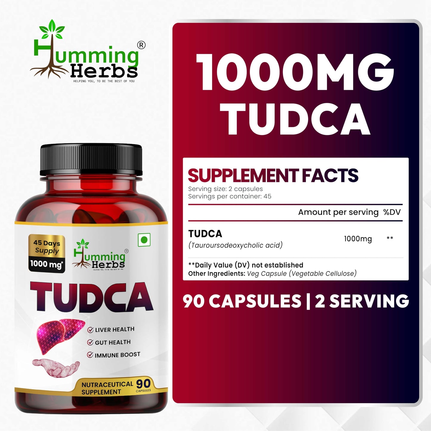 Humming Herbs TUDCA 1000 mg Tauroursodeoxycholic Acid Supplement, 90 Capsules