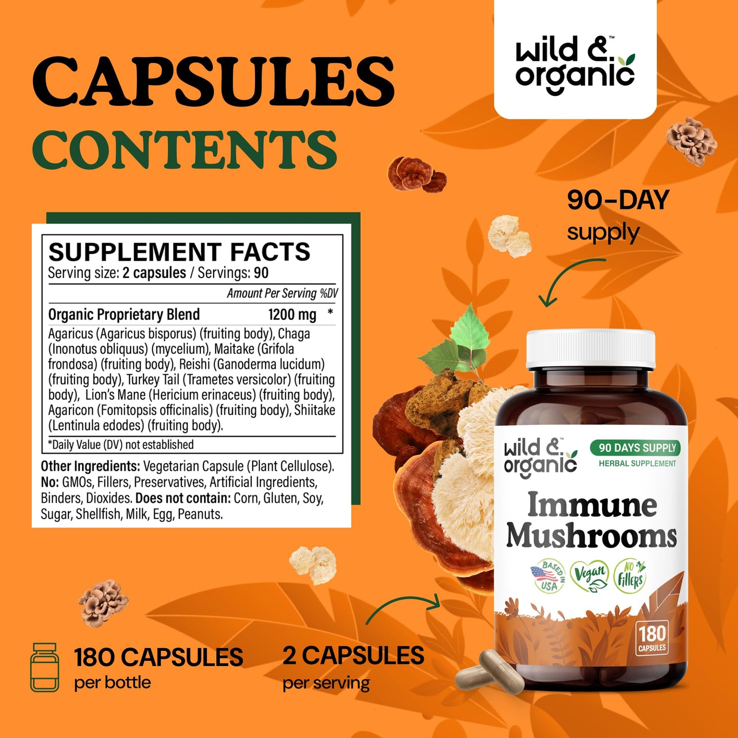 Wild & Organic Immune Mushroom Blend Capsules 180 Count