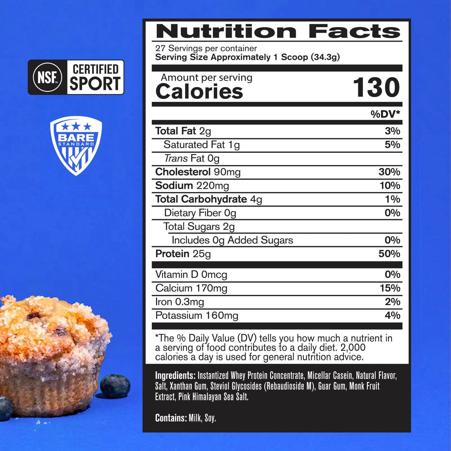 BARE PERFORMANCE NUTRITION Whey Protein + Casein Protein Blend, Blueberry Muffin, Powder, 2.05 Pound