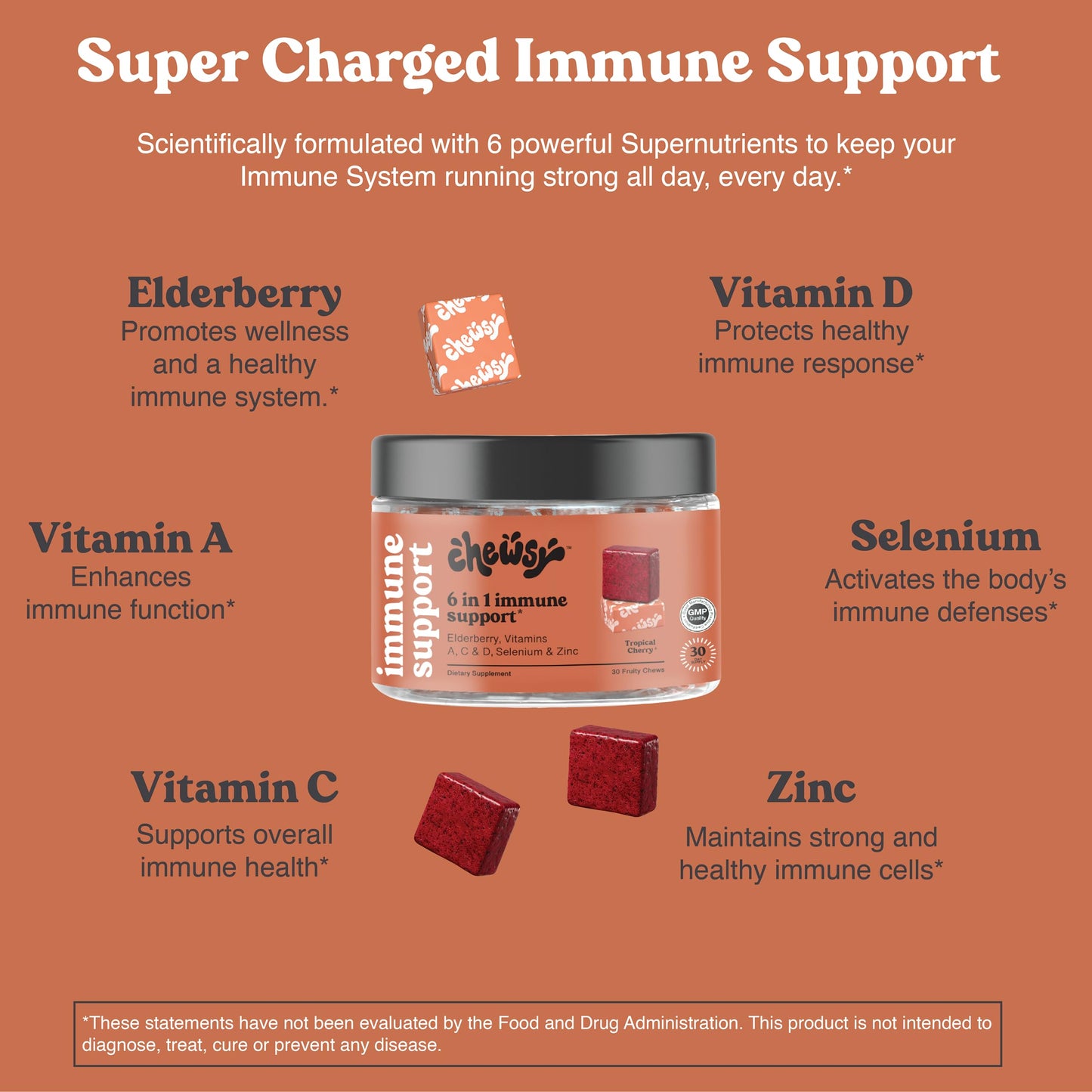 Chewsy 6-in-1 Immune Support Supplement Fruity Chews with Elderberry, Vitamin C, A & D, Zinc & Selenium, Chewable, 30 Count
