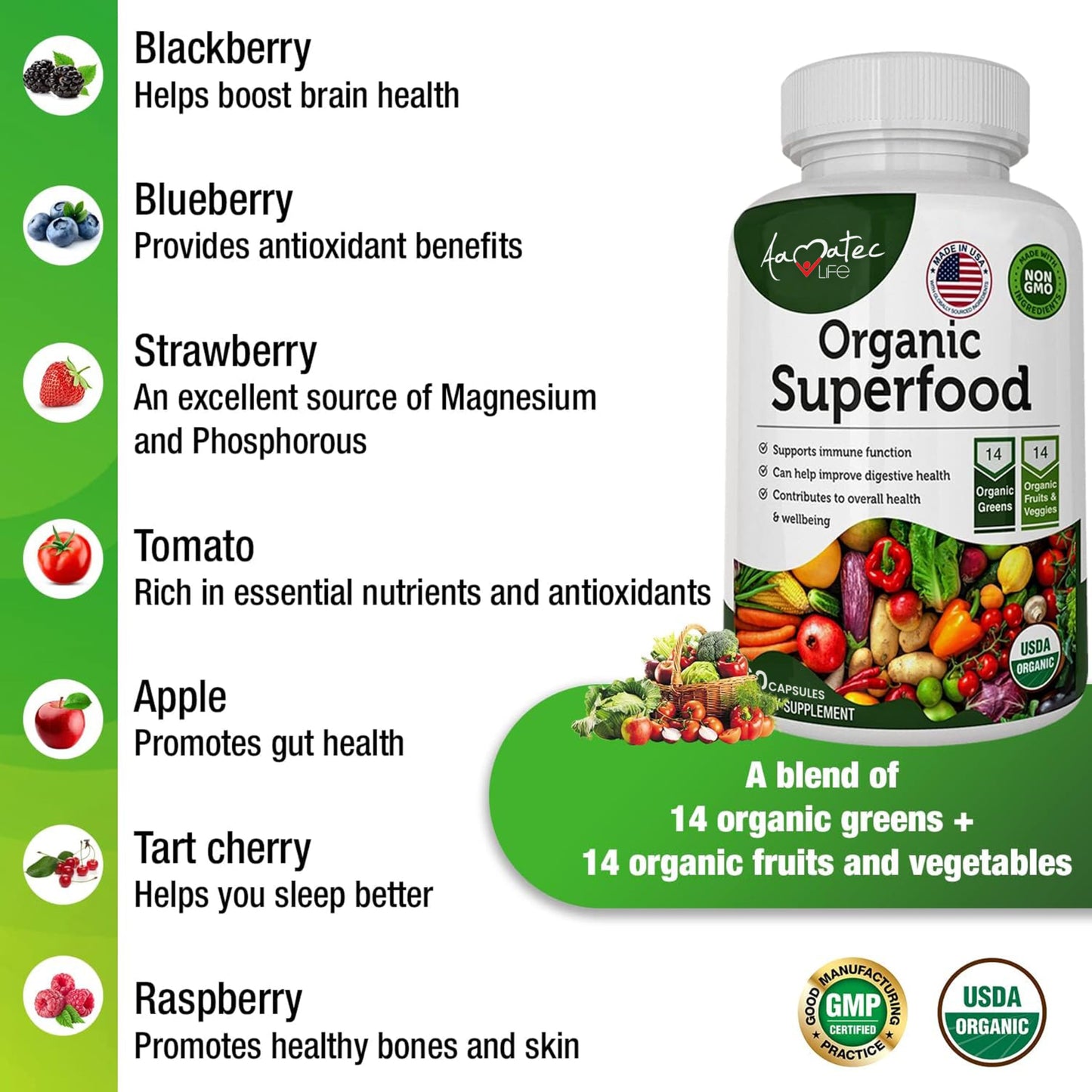 AAMATEC LIFE Organic Superfood Greens, Fruits & Veggies Complex with Alfalfa & Antioxidant Organic Ingredients Non-GMO Capsules 240