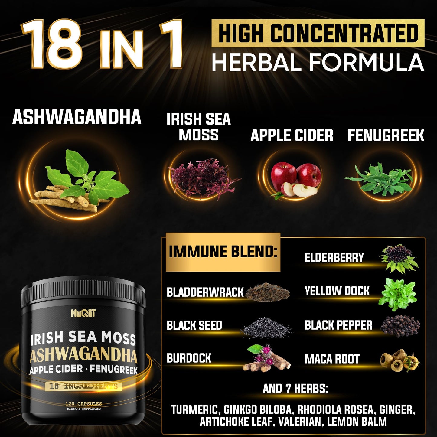 NUQIIT Organic Ashwangdha Capsules with Irish Sea Moss Apple Cider Vinegar & More, 120 Vegan Capsules