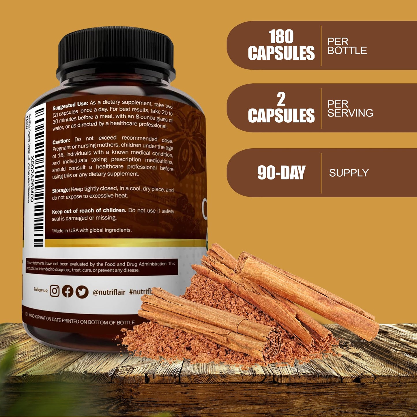 NutriFlair Organic Ceylon Cinnamon Capsules 180 Count