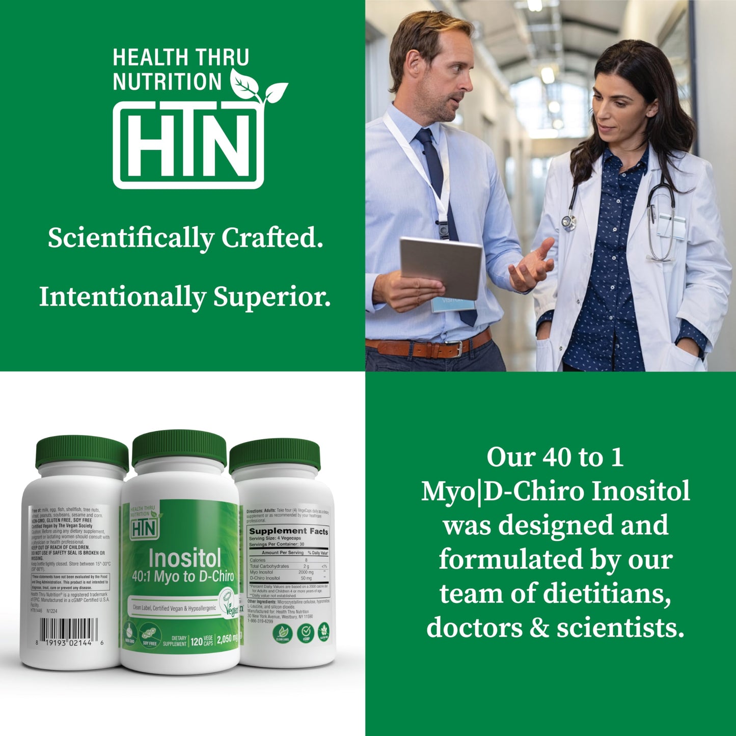 Health Thru Nutrition Inositol Supplement 40:1 Myo-Inositol to D-Chiro-Inositol Ratio 2050mg Per Serving 120 Capsules