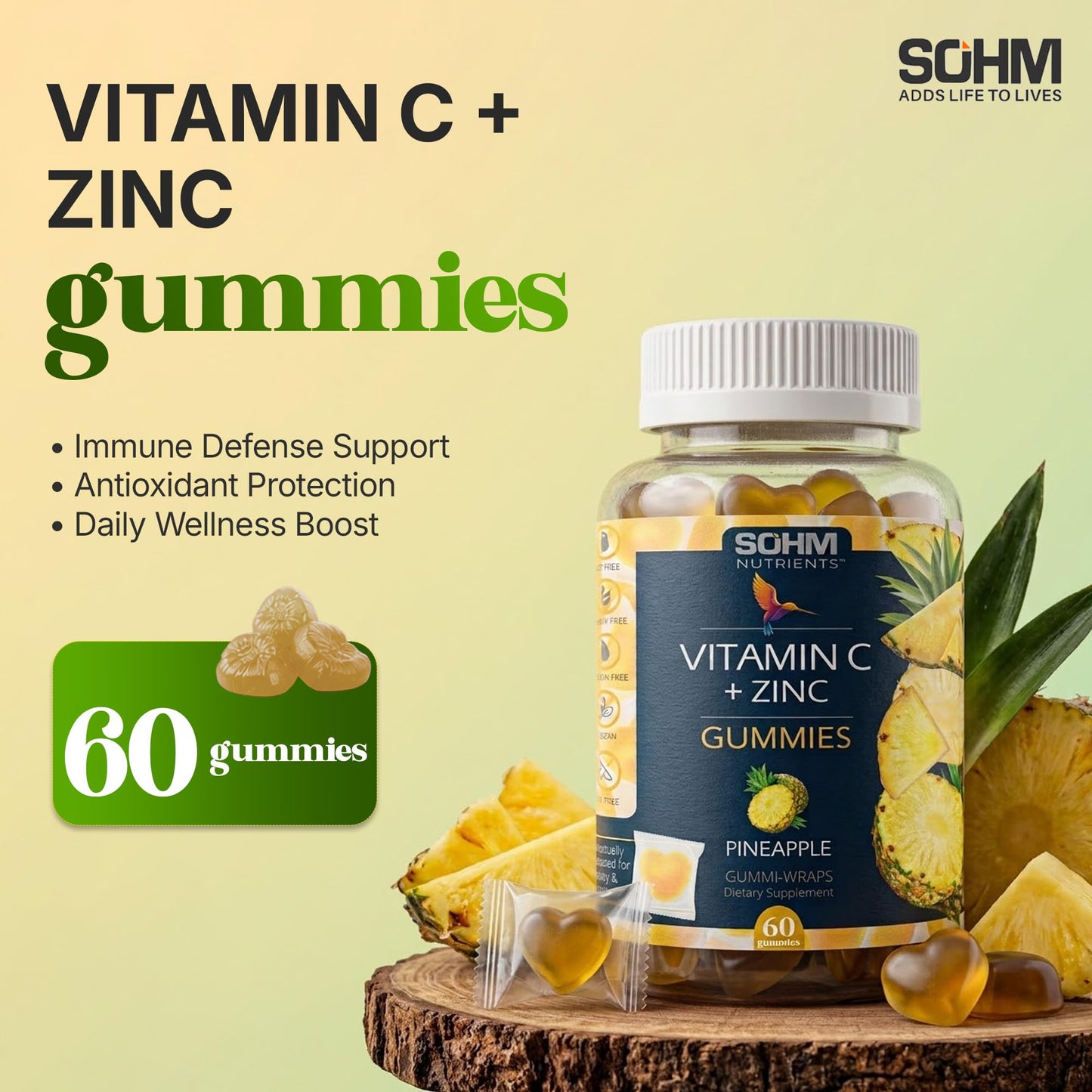 SOHM ADDS LIFE TO LIVES Vitamin C 60000 mcg + Zinc 15000 mcg Gummies for Adults, 60 Count