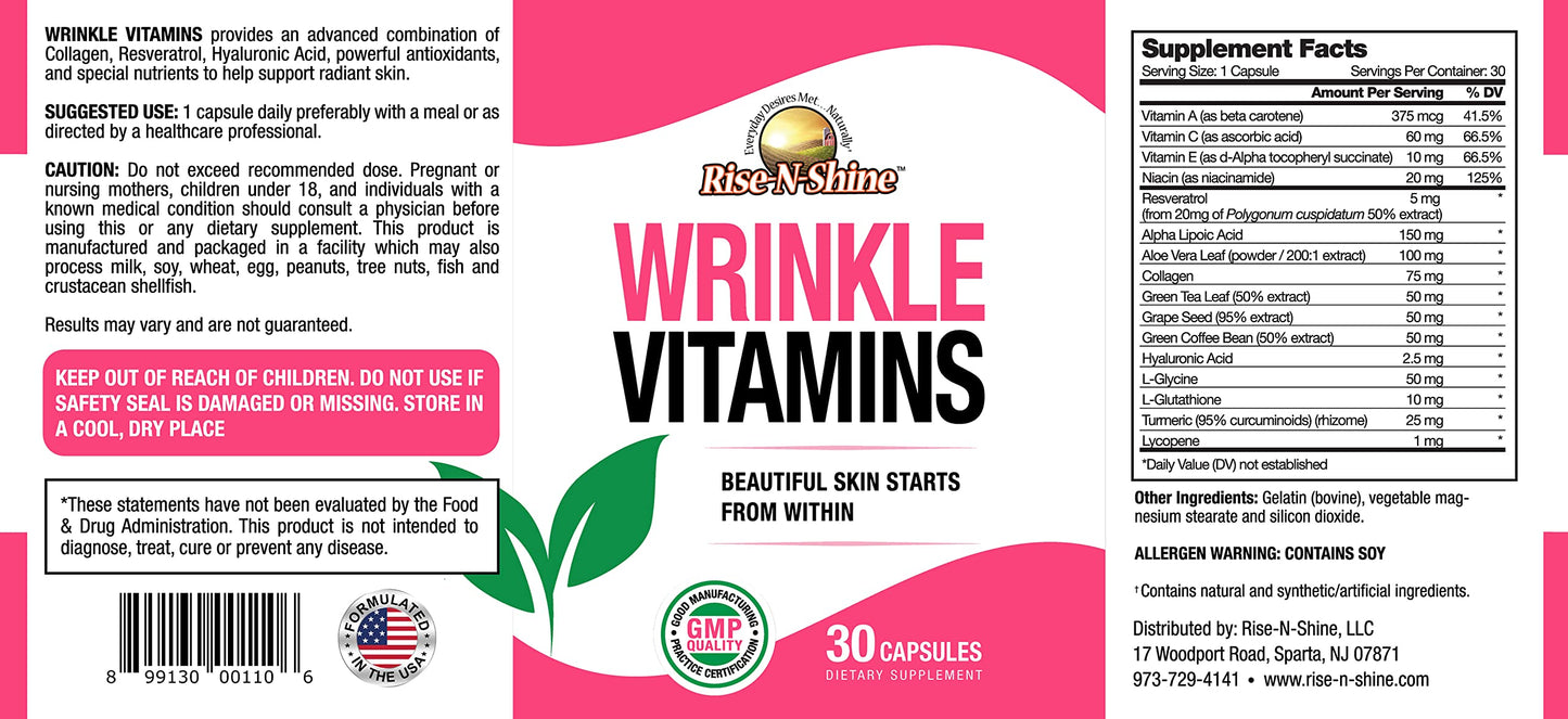 Rise-N-Shine Wrinkle Vitamins Skin Supplement Capsules, 30 Count