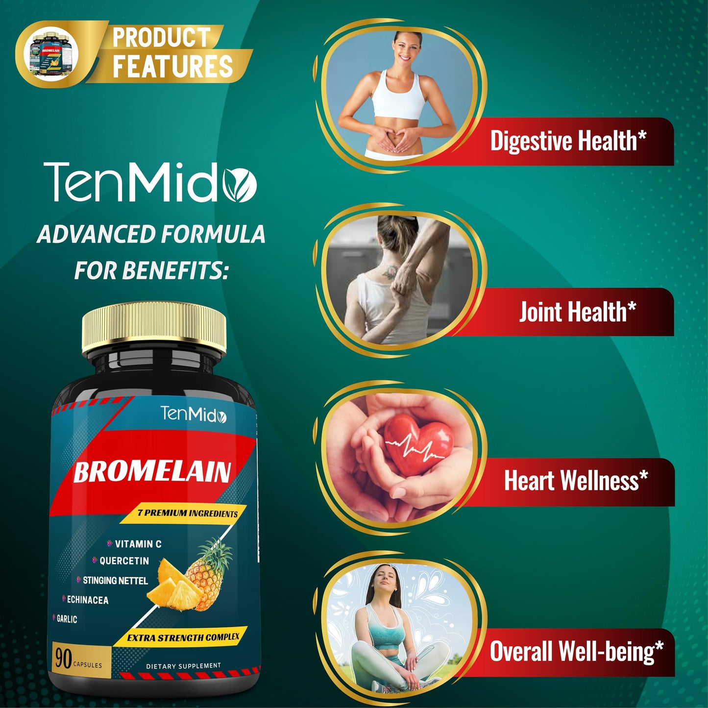 Tenmido Bromelain Extract Capsules, 90 Capsules