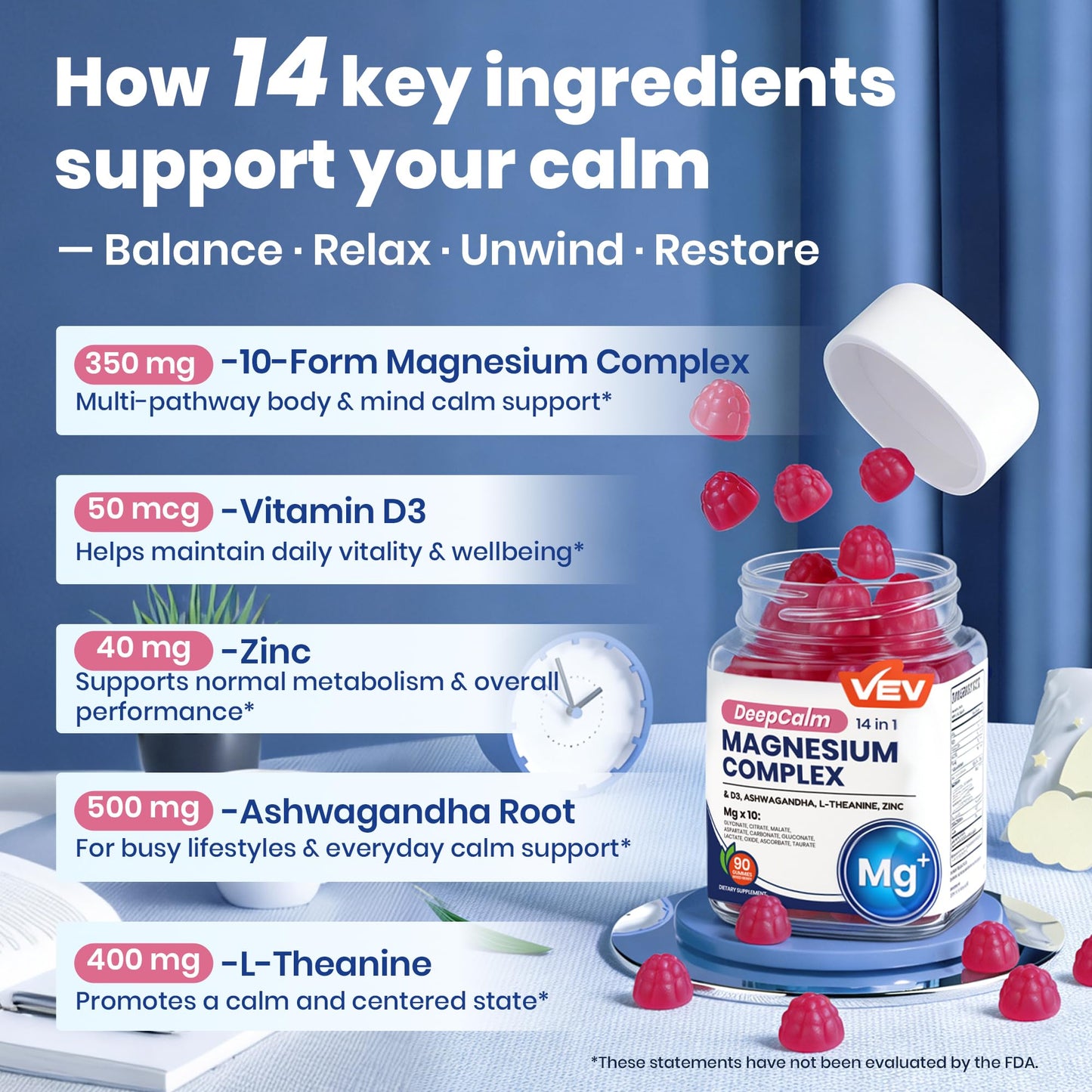 VEV Deep Calm Magnesium Complex 14-in-1 Gummies, 90 Count