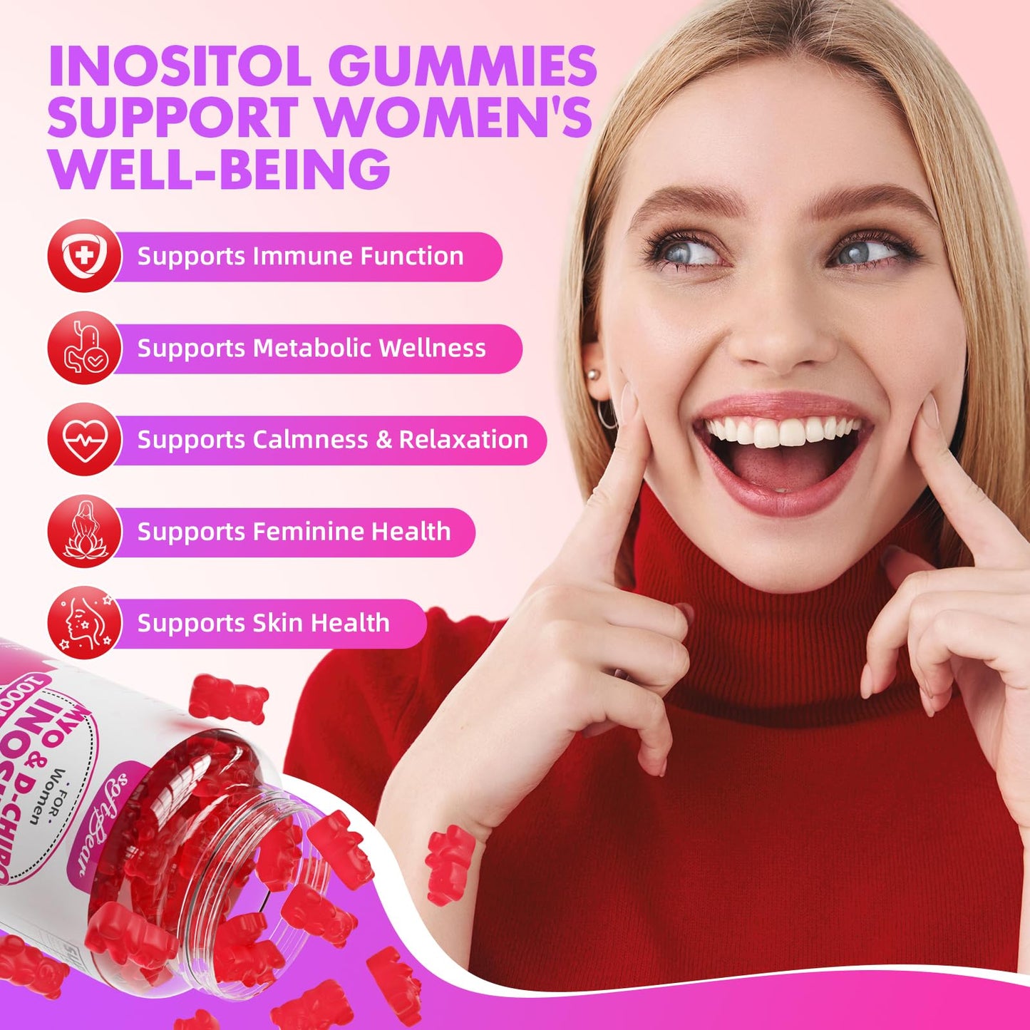 softbear Inositol Gummies for Women 1000mg with Vitamin D3, 60 Count