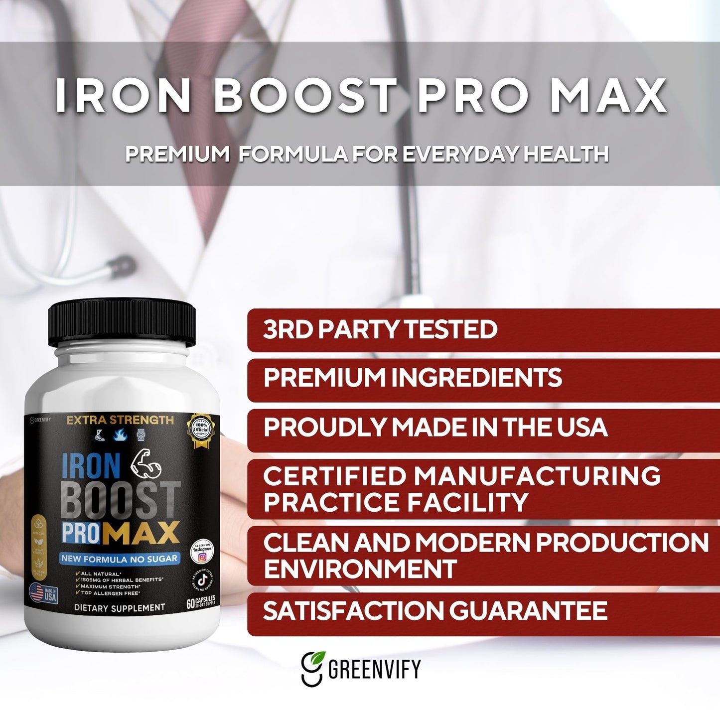 GREENVIFY Iron Boost Pro Max Extra Strength Dietary Supplement Organic Maca Root Blend, 60 Capsules