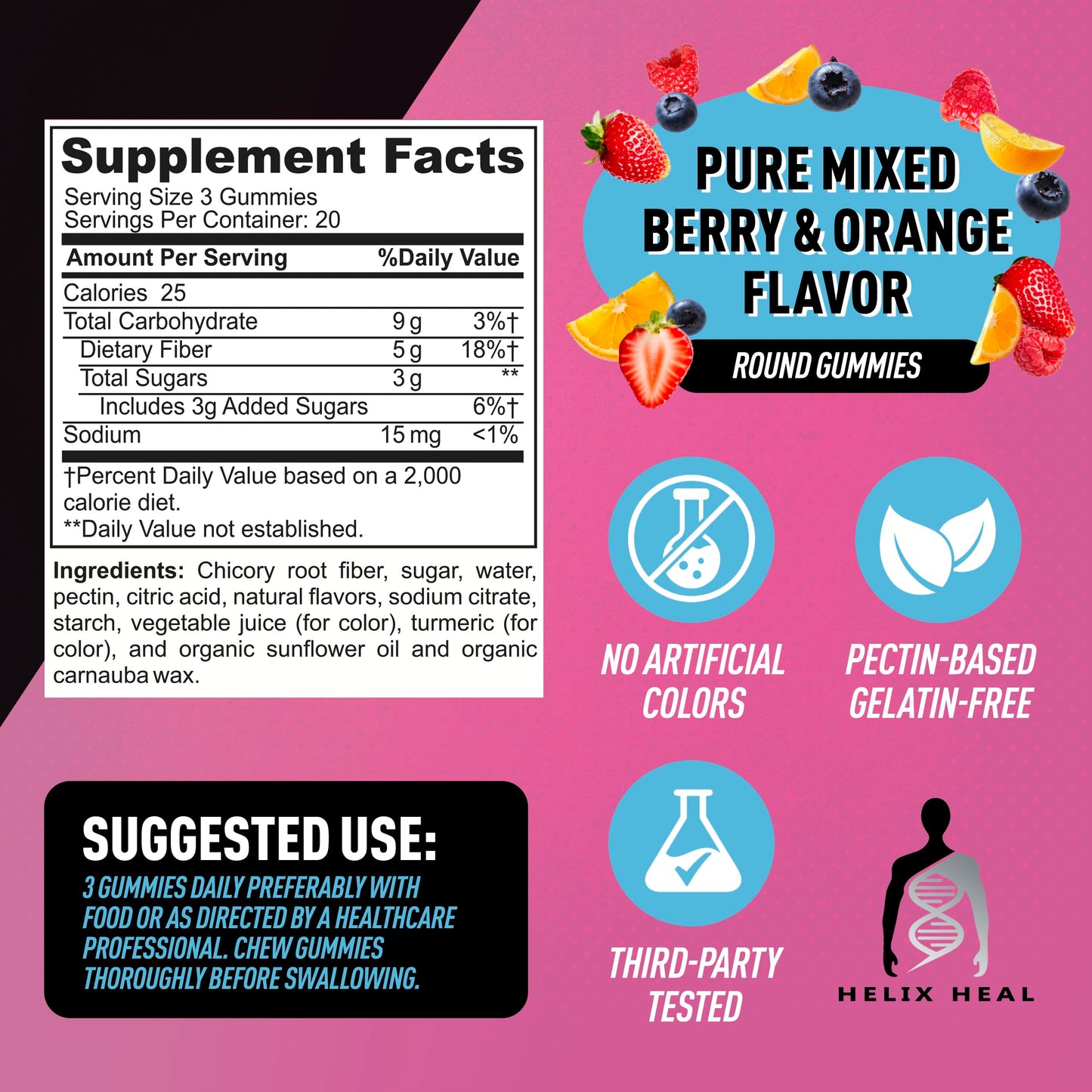Helix Heal High Fiber Gummies for Adults – 5g Prebiotic Fiber Supplement with Chicory Root Inulin for Digestive Health, Constipation Relief & Regularity Support – Orange & Berry Flavor, 60 Gummies