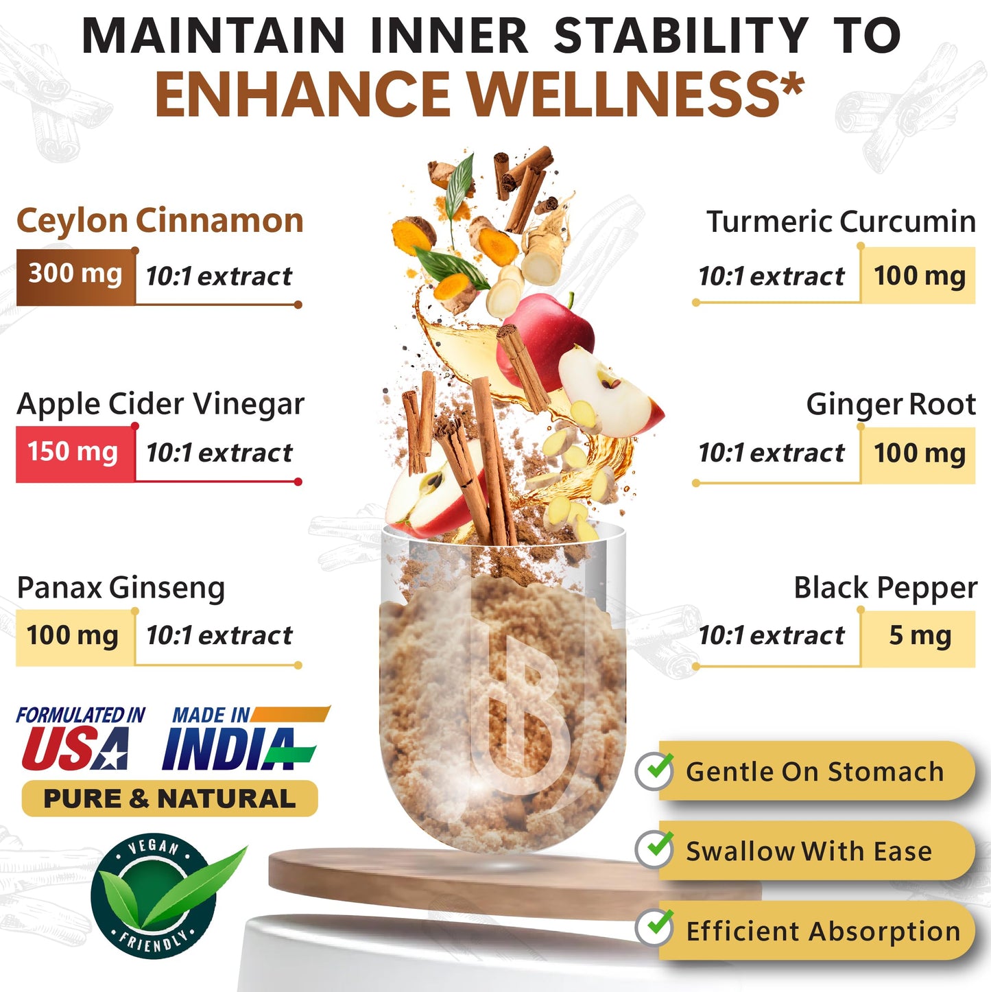 Herbpy 6in1 Premium Ceylon Cinnamon Supplement Plus Apple Cider Vinegar, Turmeric, Ginger, Ginseng Capsules 100 Count