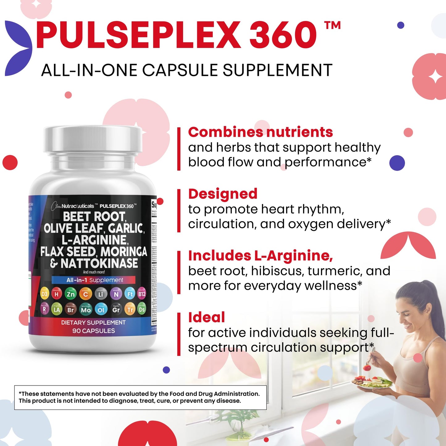 Clean Nutraceuticals Beet Root Capsule Blend with Olive Leaf Nattokinase Garlic Extract L-Arginine Omega-3 Red Yeast Rice Hibiscus Danshen - Healthy Support Supplement - 90 Capsules