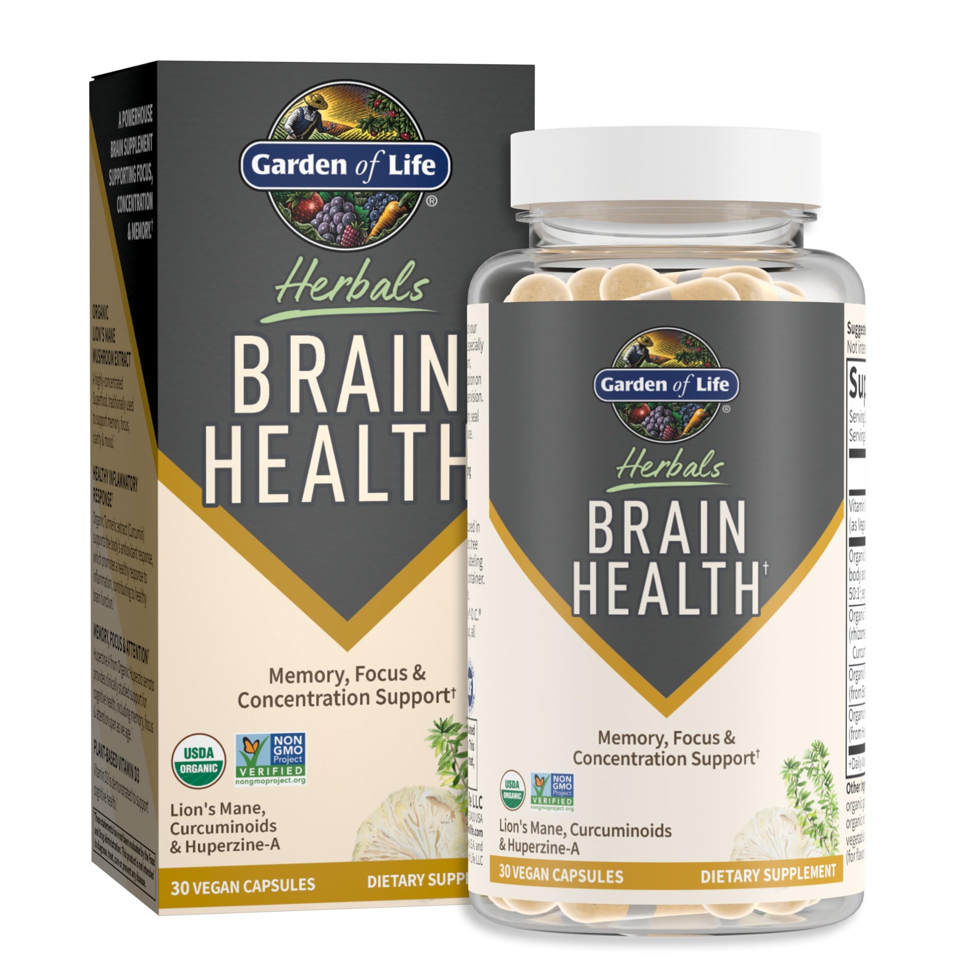 Garden of Life Brain Health Supplement with Organic Lion’s Mane & Turmeric Capsule, 30 Count