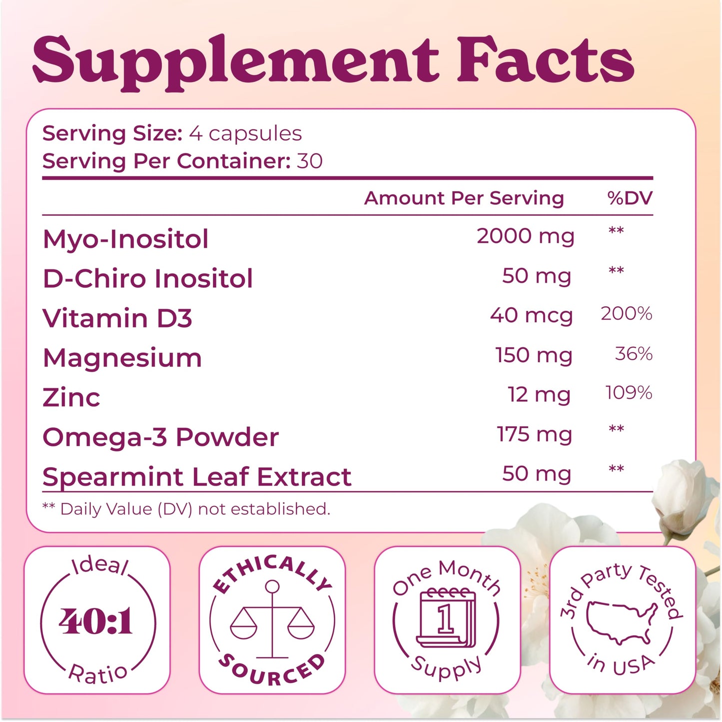 Sophie's Select Myo-Inositol & D-Chiro Inositol 2000 mg per Serving - Inositol Supplement for Women 40:1 Formula with Spearmint, Vitamin D3, Zinc & Magnesium - Hormone Balance, Ovarian Support, 120 Capsules