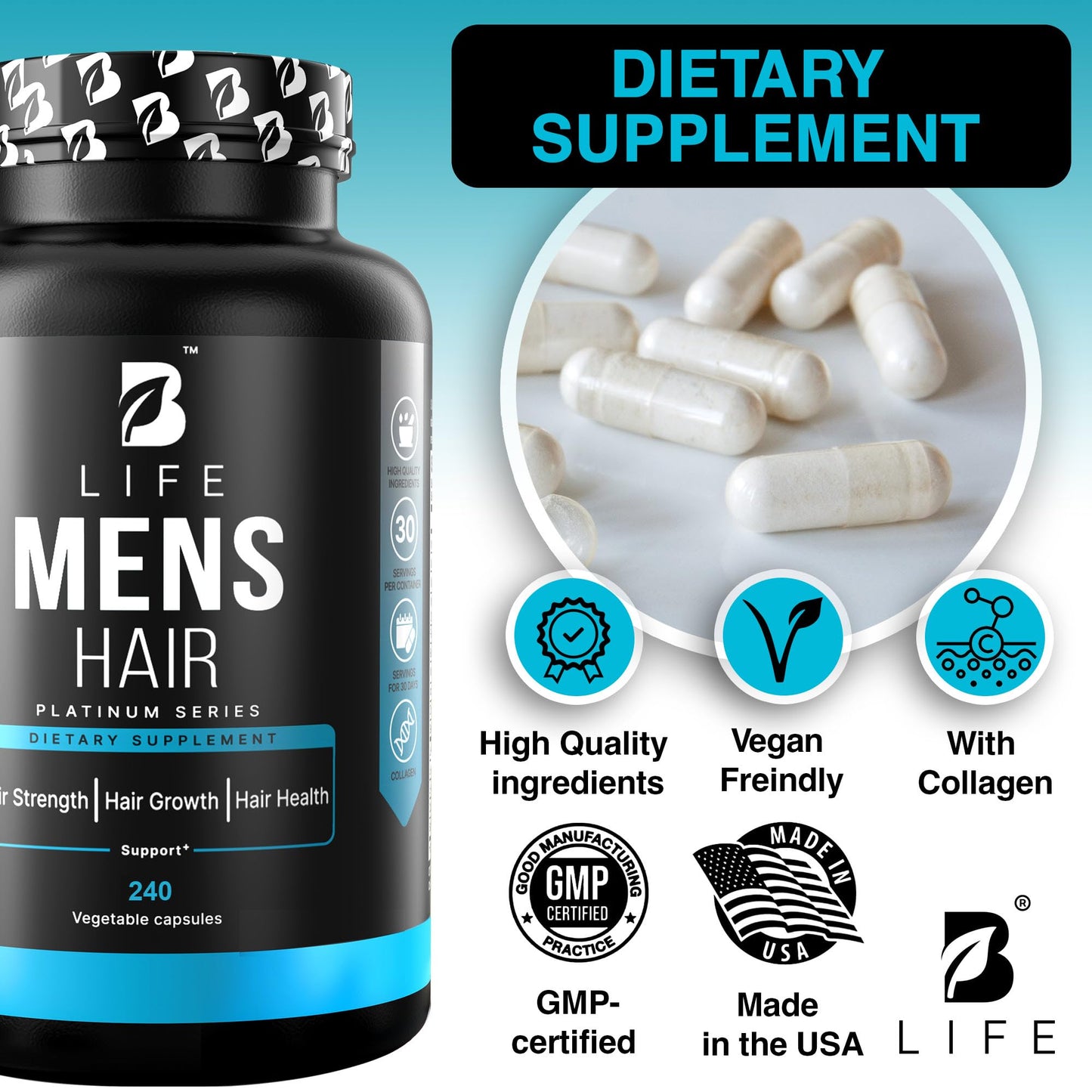 B Life Company Men’s Hair Growth Supplement – Biotin & Collagen Hair Vitamins for Men – Thicker, Fuller Hair, Nails & Scalp Support – Hair Loss Supplement with Zinc, Selenium & Vitamins A C D E – 240 Capsules