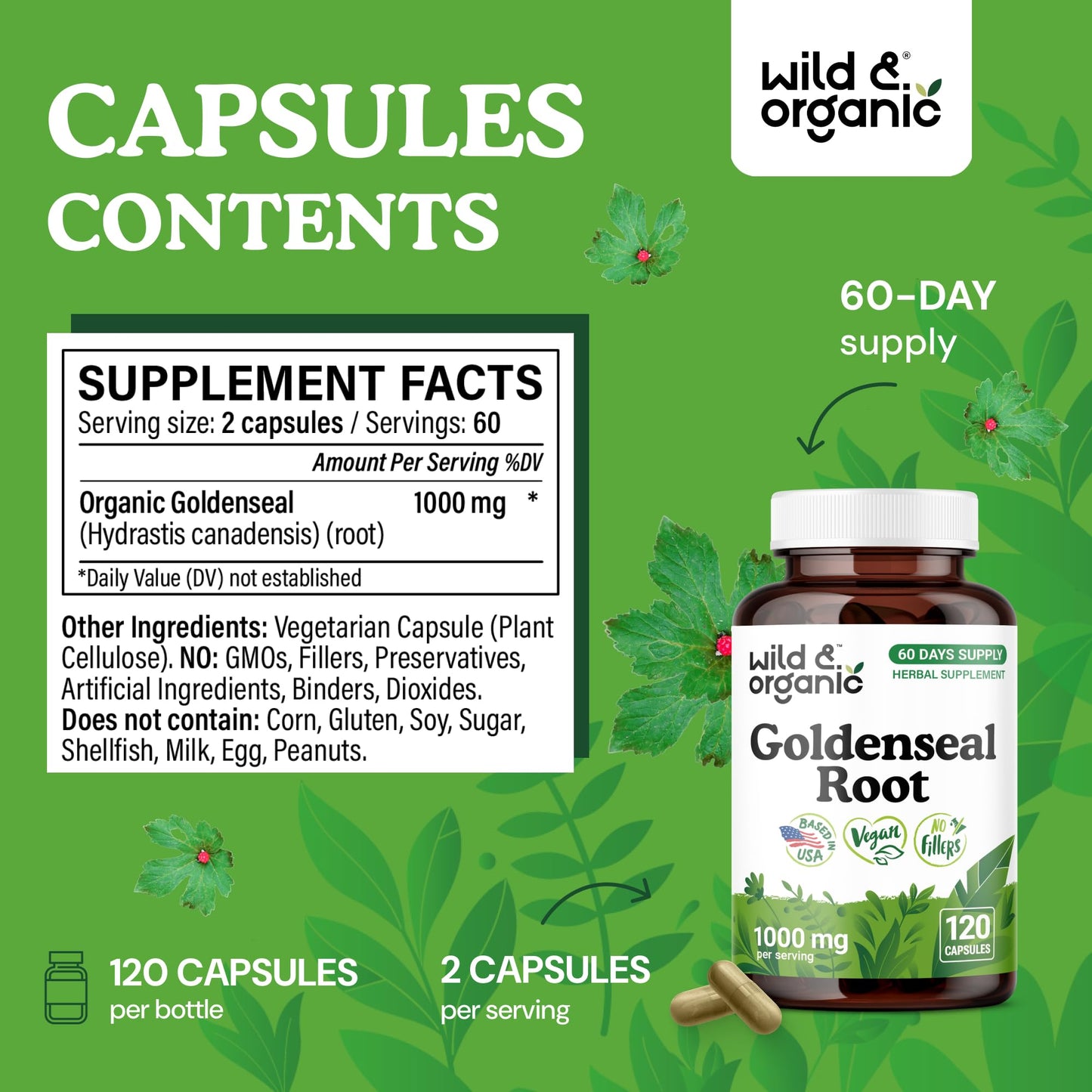Wild & Organic Goldenseal Root Capsules 1000mg, Capsules, 120 Count