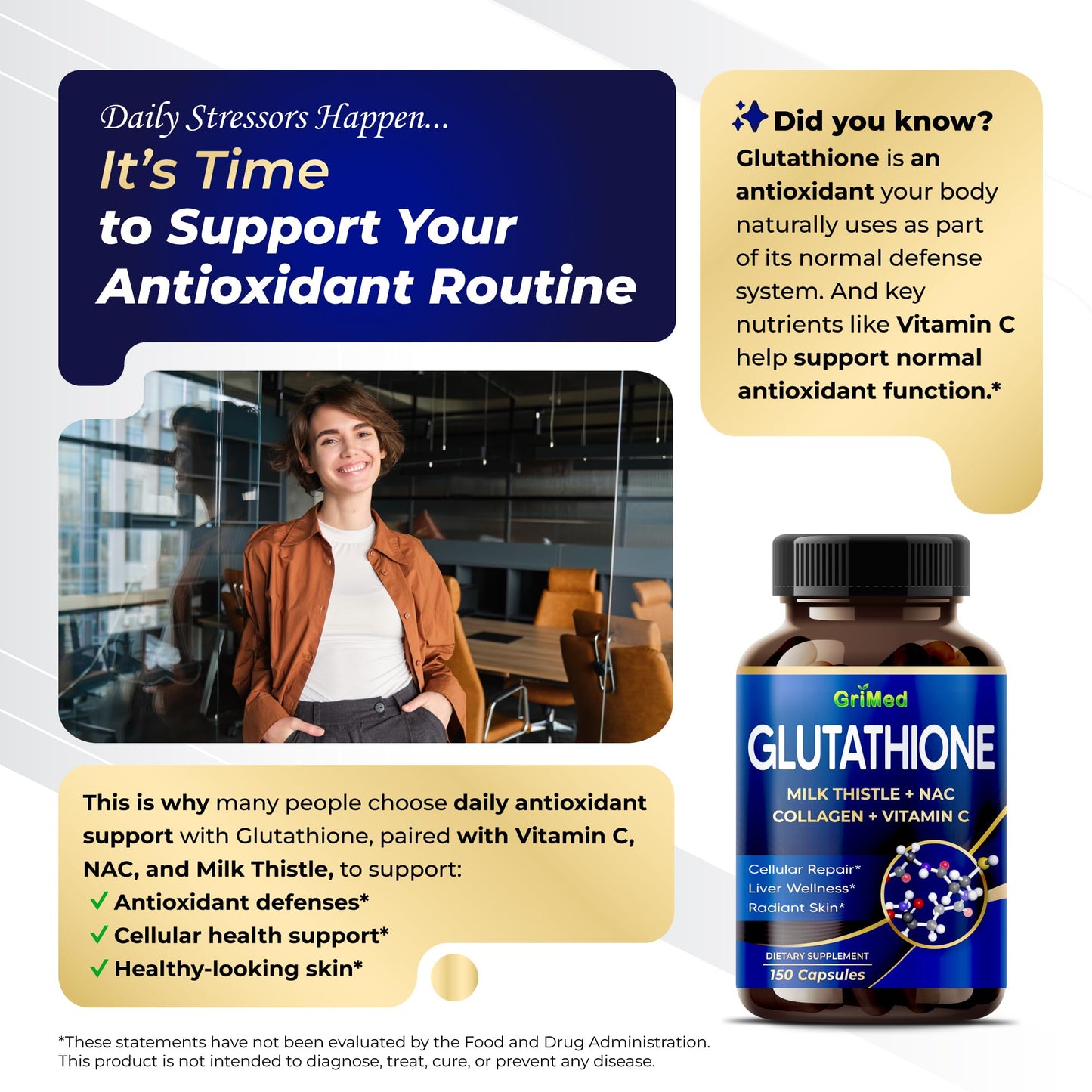 GriMed Glutathione Supplement with Milk Thistle, NAC, Collagen, Vitamin C - Cellular Wellness, Radiant Skin Capsules, 150