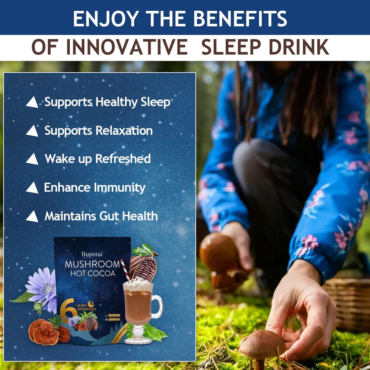 Buporai Mushroom Hot Cocoa with Melatonin, Reishi Powder 11.64 Ounce