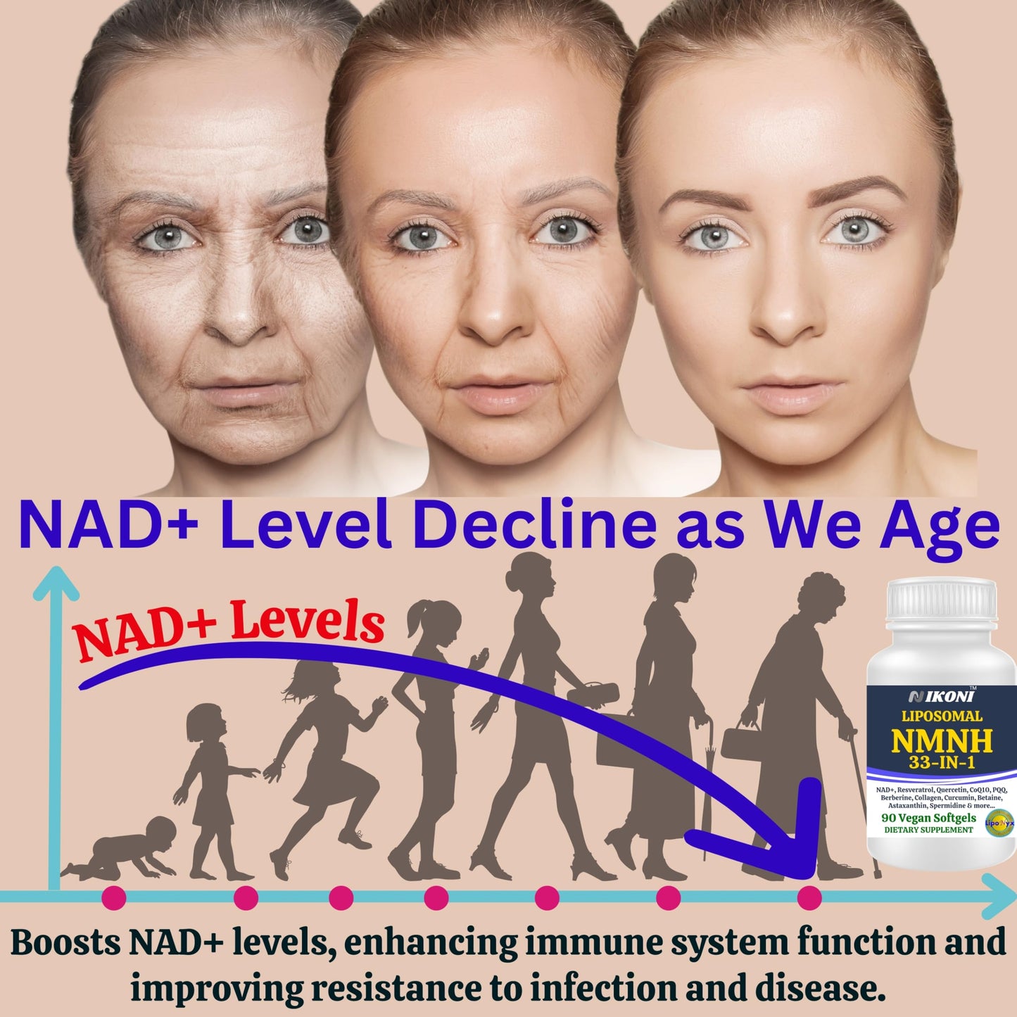 Nikoni Vegan Liposomal NMNH 33-in-1 Formula with 1000mg NMNH per serving, NAD+ Support – Promotes Cellular Energy, Immune Health & Healthy Aging, 90 Capsules