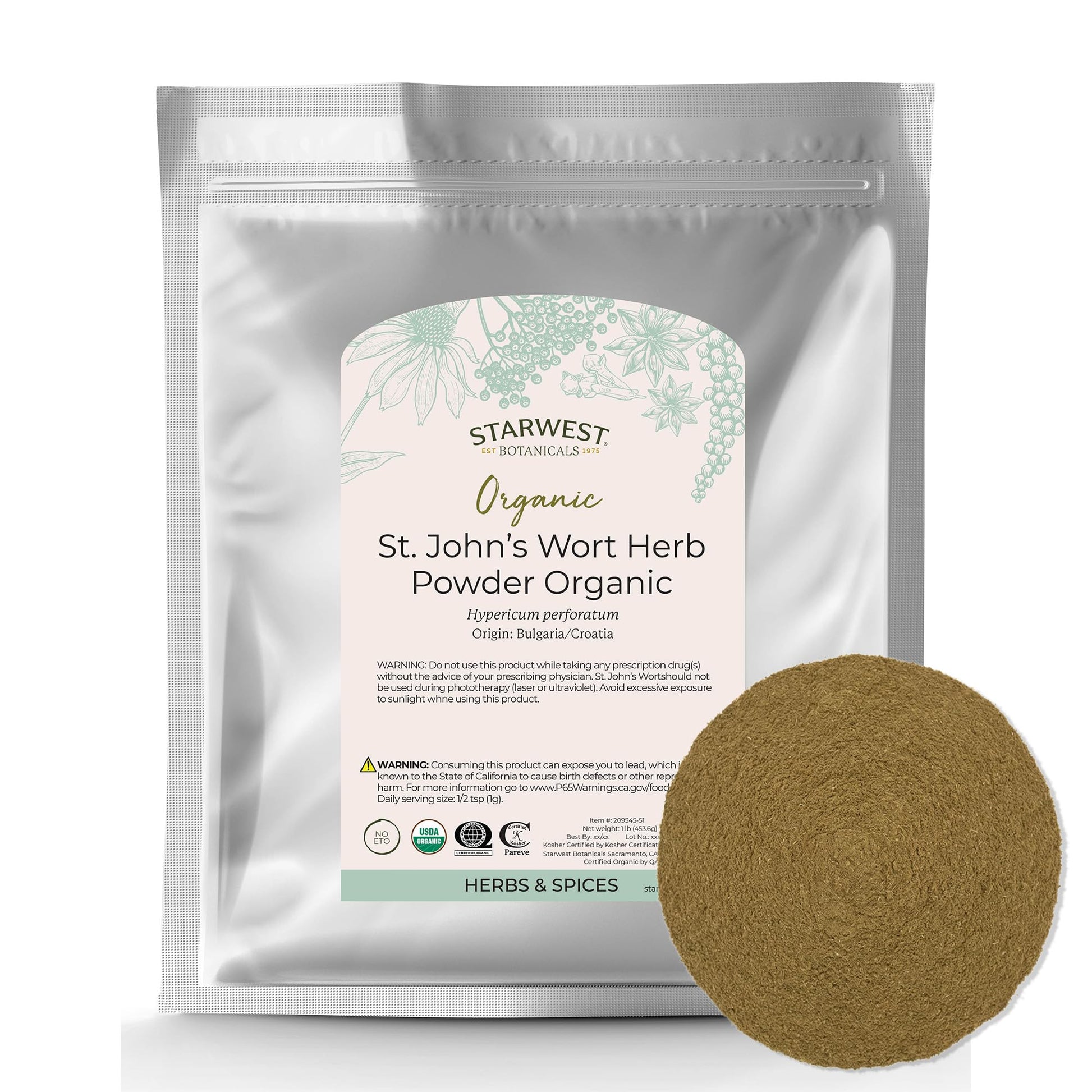 Starwest Botanicals Organic St. John's Wort Powder, 16 oz