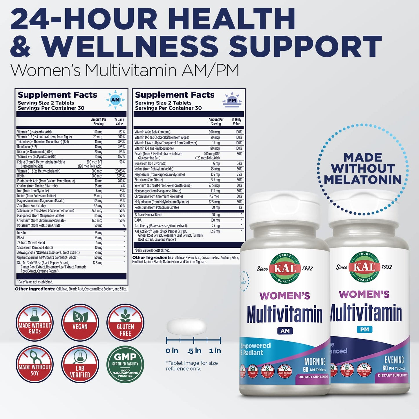 KAL Women's Multivitamin AM/PM 2-in-1 with Ashwagandha, Silica, Organic Spirulina & GABA for Cellular Energy, Bone Strength, Immune Support, Vegan, 120 Tablets