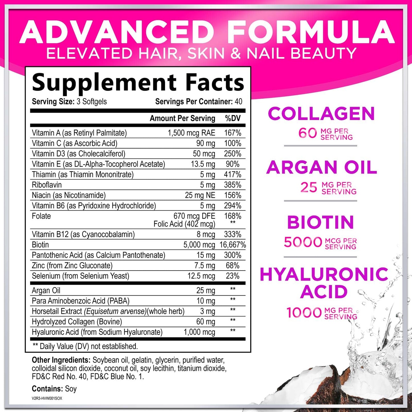 Hello Lovely! Hair Vitamins for Women for Hair Growth - Argan-Infused Supplement with Collagen, Biotin and Hyaluronic Acid Softgels 120