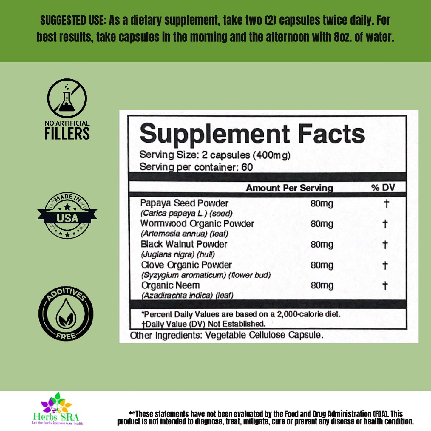Herbs SRA ParasCleaner Digestive Balance Supplement with Papaya Seed, Wormwood, Black Walnut, Clove & Neem Supports Digestive Wellness 120 Capsules