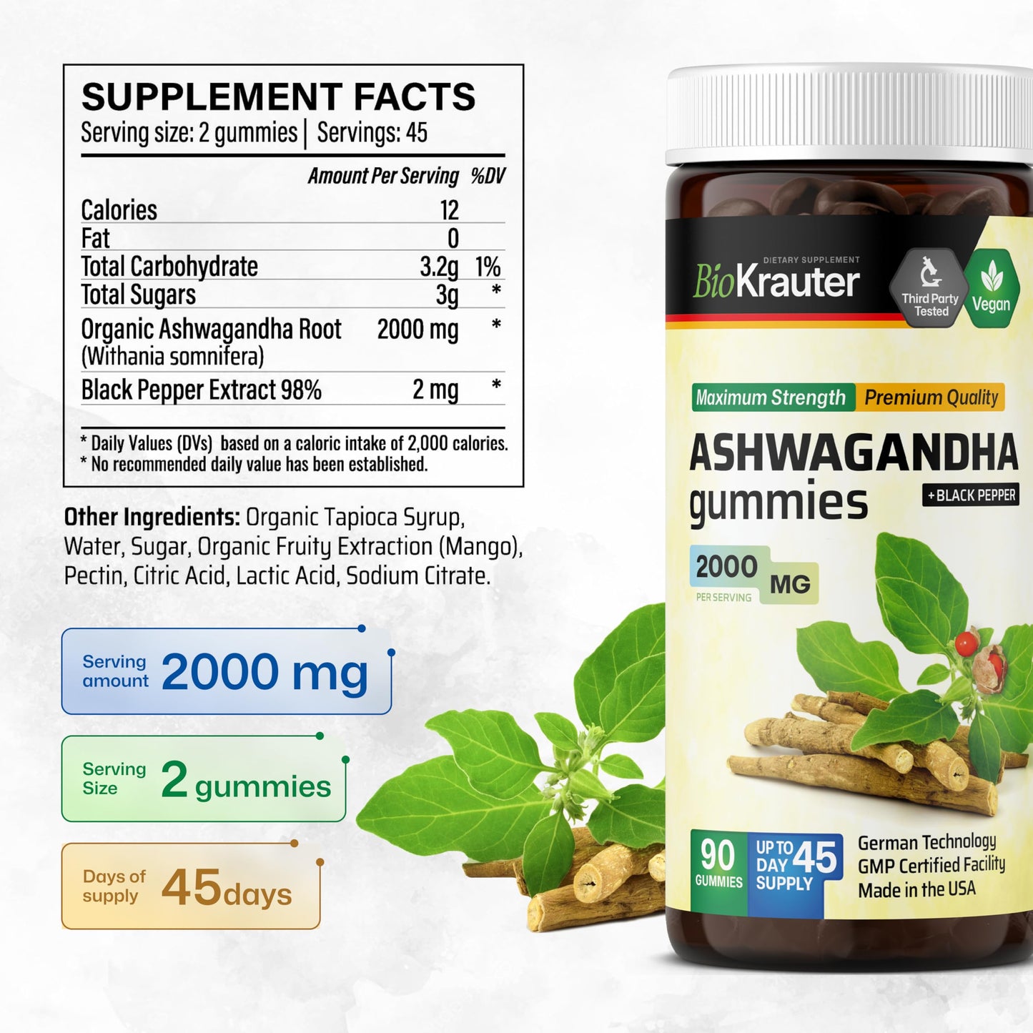 BIO KRAUTER Ashwagandha Gummies for Mood & Relaxation Support 2000 mg, 90 Count