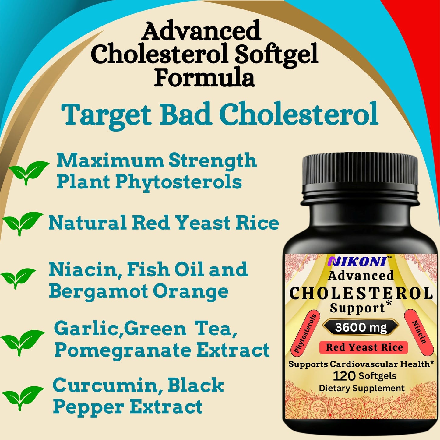 Nikoni Advanced Cholesterol Support 3600 mg Plant Sterols with 14-in-1 Supplement Softgels, 480 Softgels
