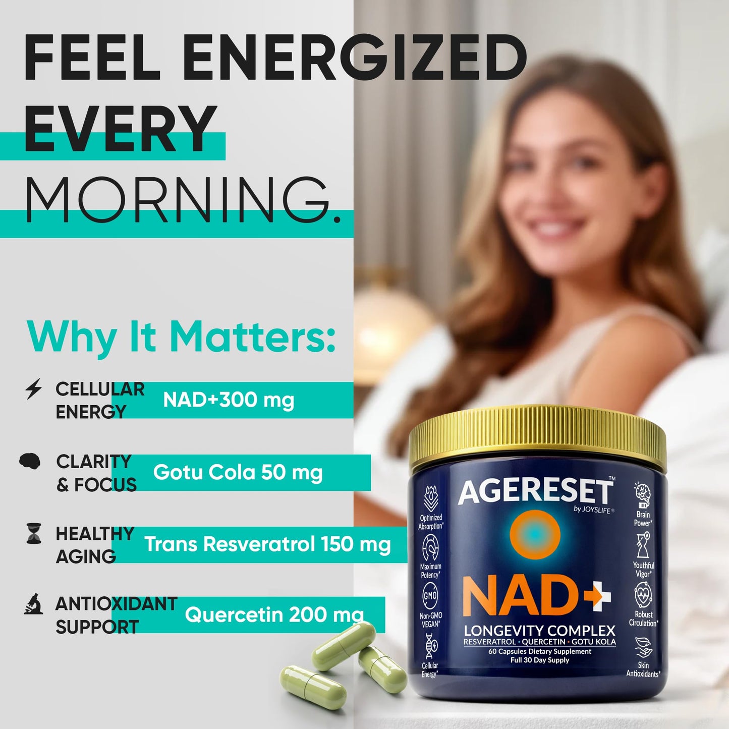 JoysLife AGERESET NAD NMN Alternative Liposomal + Gotu Kola Capsule, 60 Count