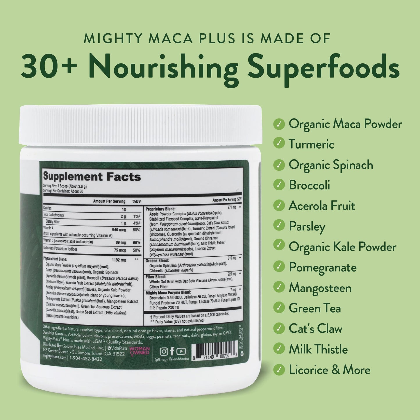 VIDAPURA Mighty Maca Plus by Dr. Anna Cabeca Organic Superfood Greens Powder 60 Servings