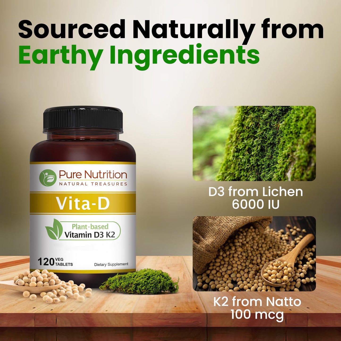 Pure Nutrition Natural Treasures Vitamin D3 K2 Supplement Tablet, 120 Tablets