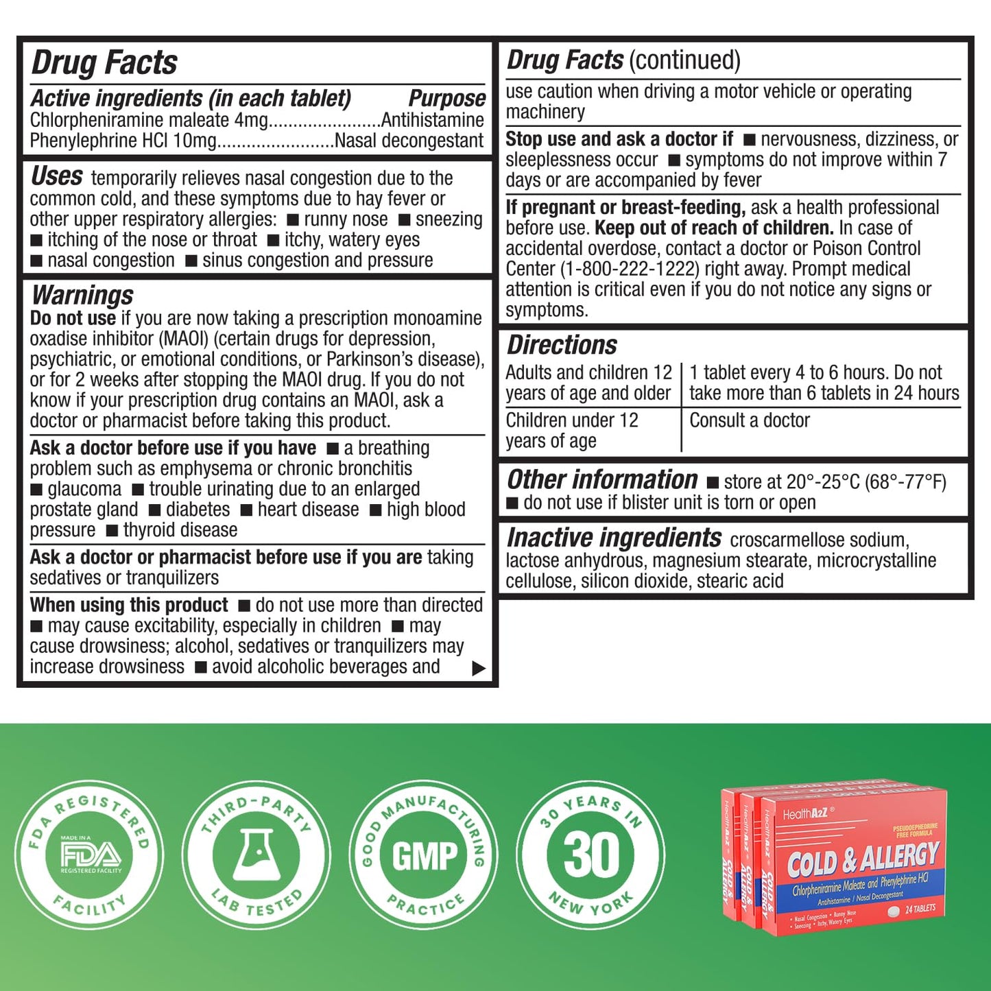 HealthA2Z Cold & Allergy | Chlorpheniramine Maleate & Phenylephrine HCL | 24 Tablets x 3pack (72 Tablets)