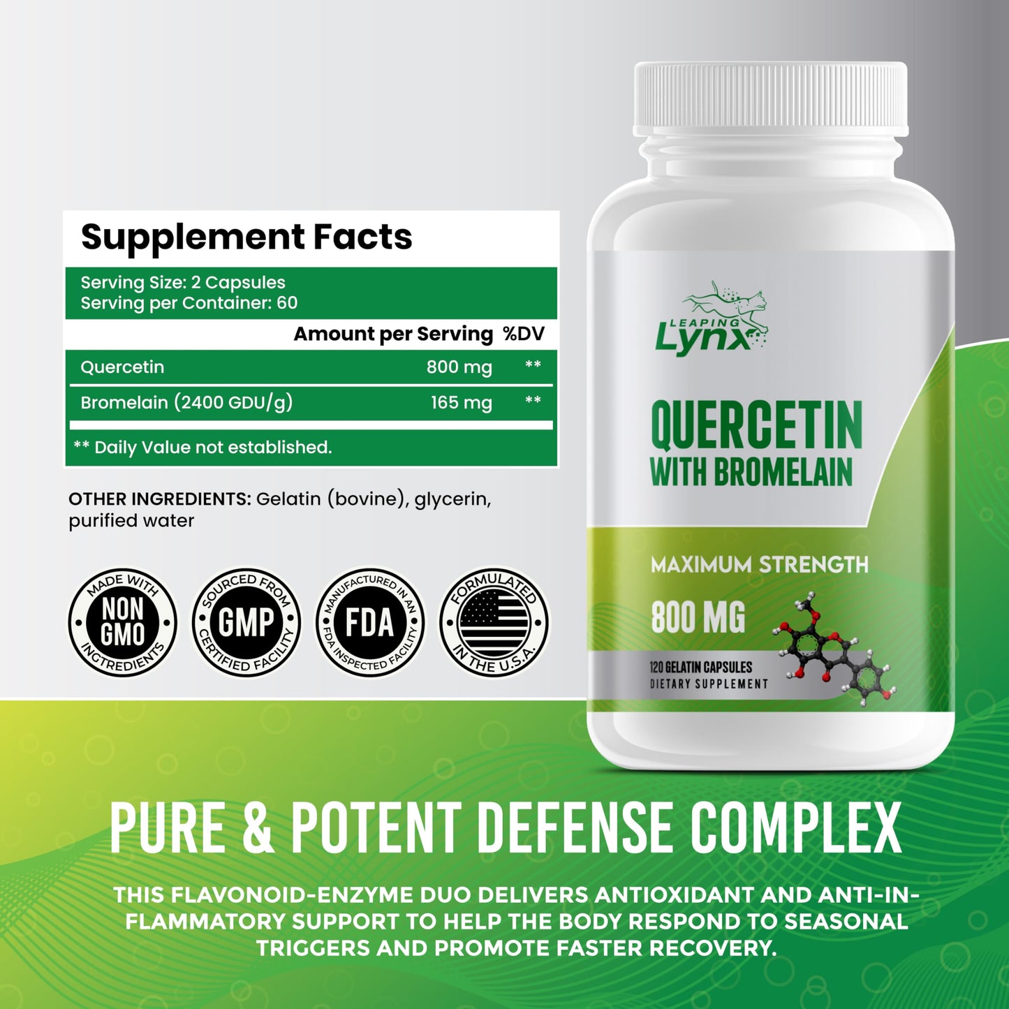 Leaping Lynx Quercetin with Bromelain – 800mg Quercetin + 165mg Bromelain, 120 Capsules