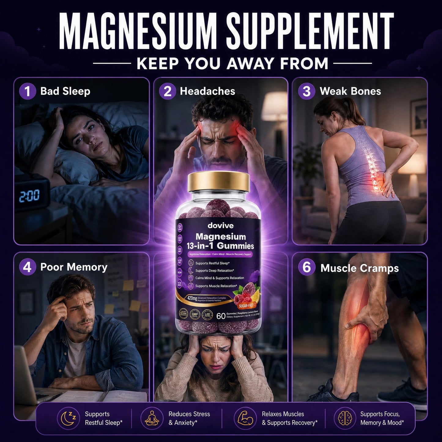 DOVIVE Magnesium Gummies with L-Theanine 200mg – Raspberry Lemon, 60 Count