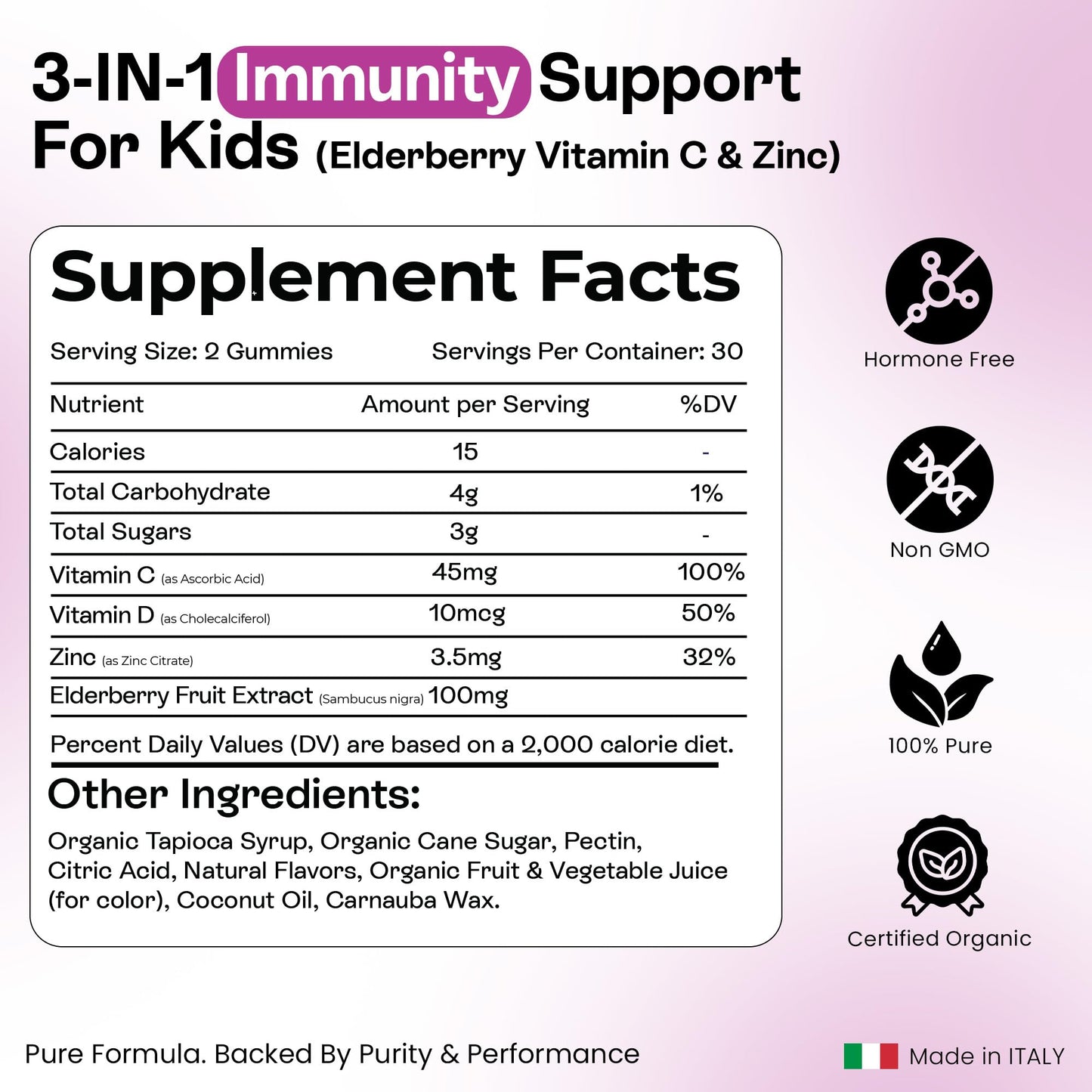 Pharmlitalia Elderberry Gummies for Kids 3 in 1 Elderberry Vitamin C and Zinc, Gummy, 60 Count