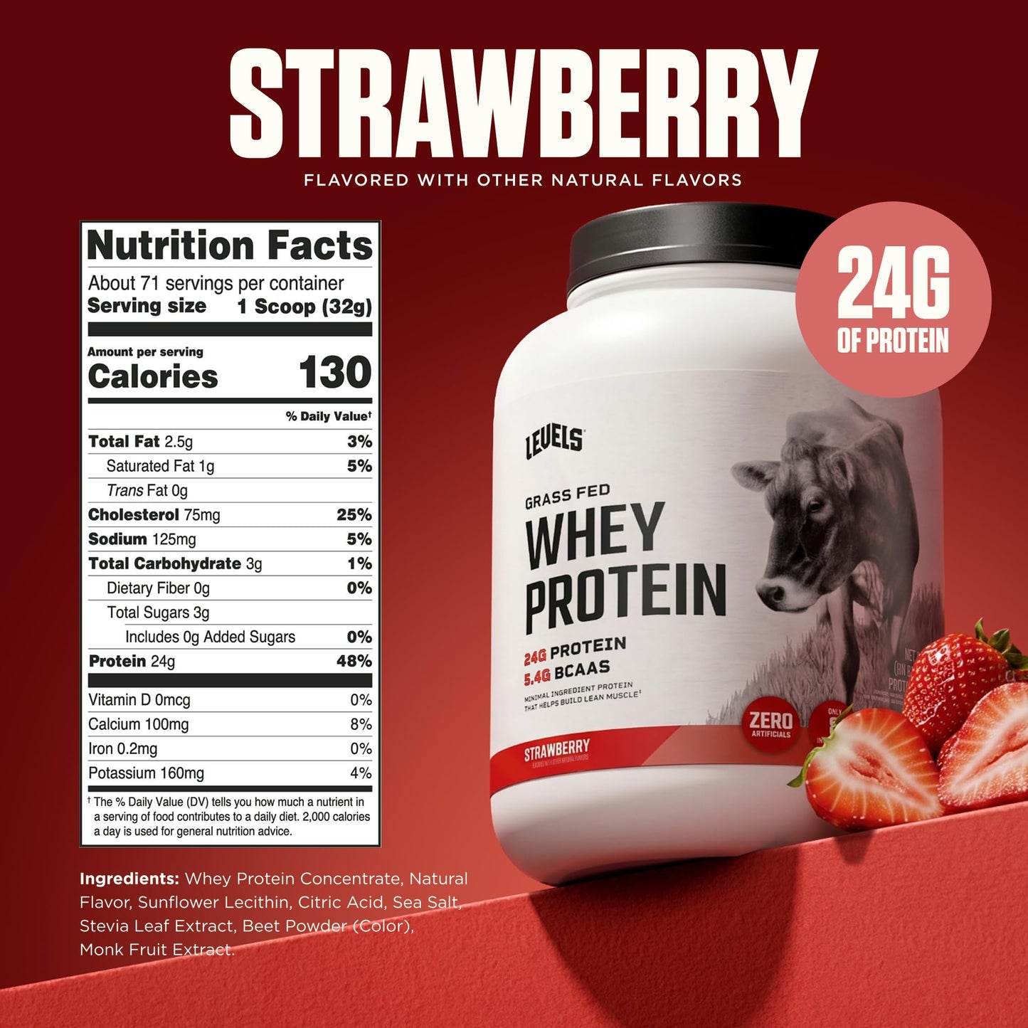 Levels Nutrition Grass Fed Whey Protein Powder Strawberry, 80 Servings