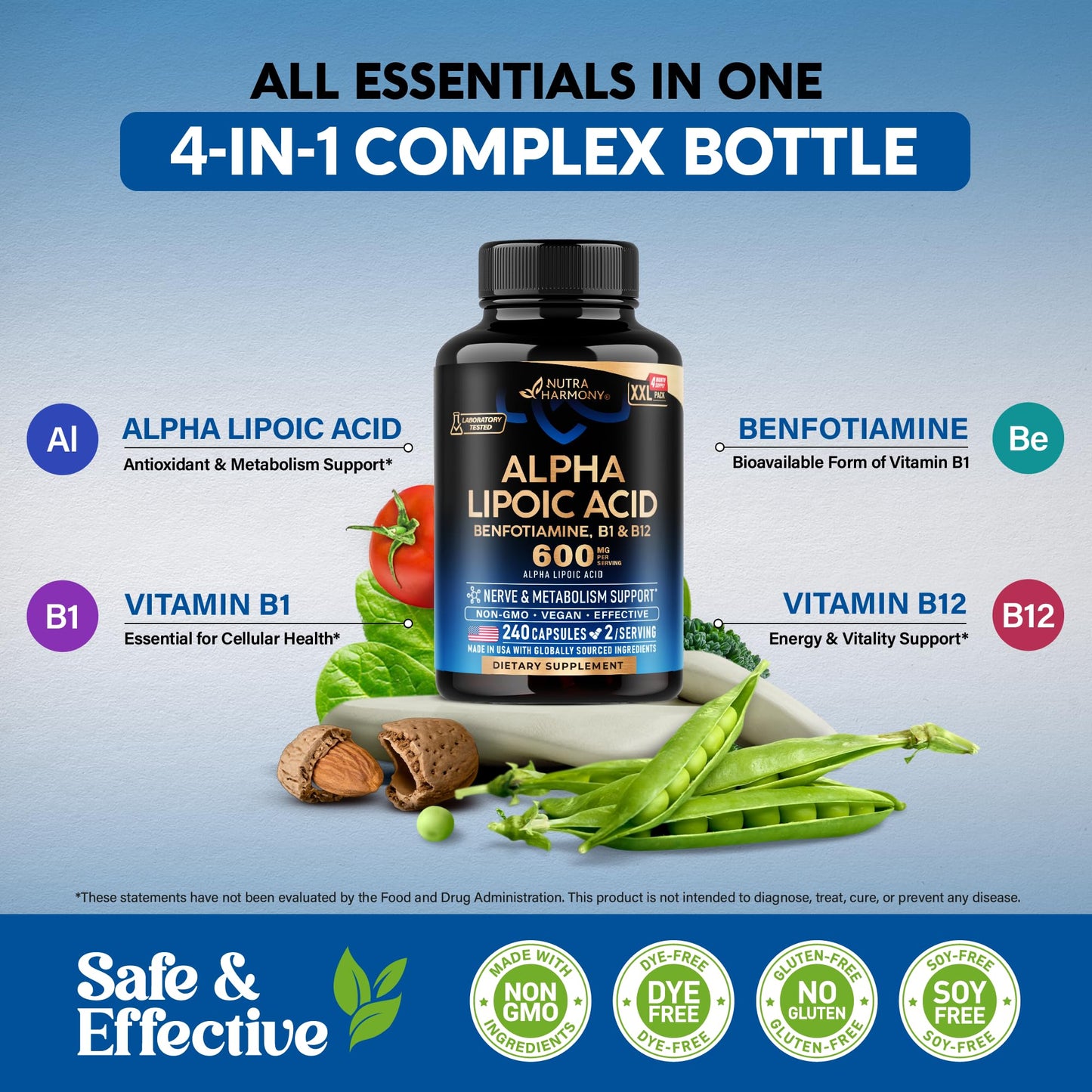 NUTRAHARMONY Alpha Lipoic Acid 600mg ALA Supplement, 240 Capsules