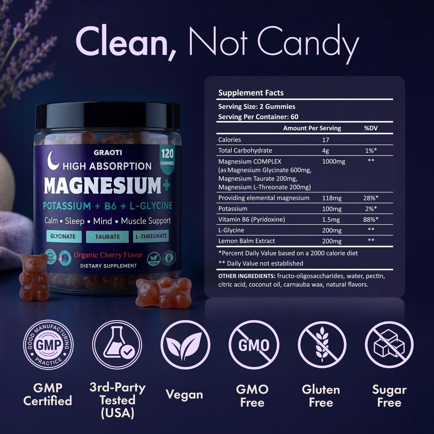 GRAOTI Magnesium Gummies 1000 mg/Serv with B6, Magnesium Complex, Sugar Free 120 Count