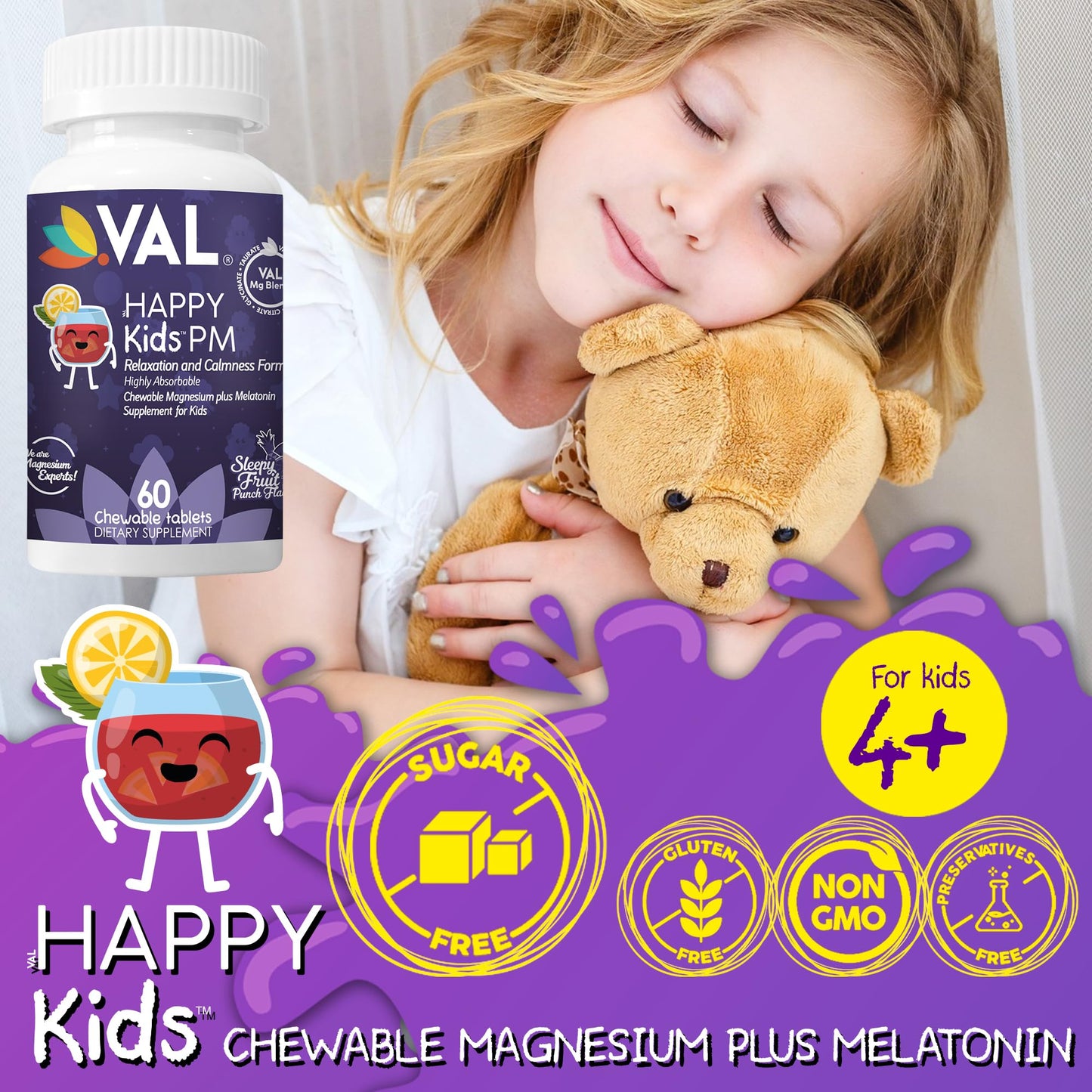 VAL Happy Kids PM Sugar-Free Chewable Magnesium with Melatonin Tablet, 60 Tablets