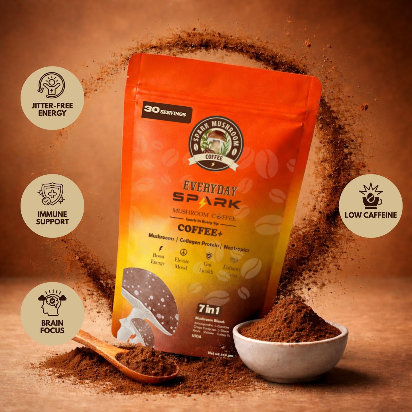 Spark Instant Organic Mushroom Coffee Powder 7.4 oz