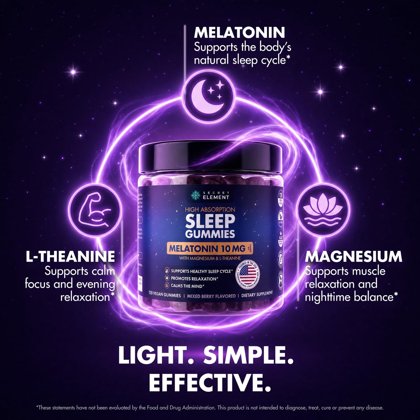 Secret Element Mixed Berry Gummies with Melatonin 10mg, Magnesium & L-Theanine – Vegan, Non-GMO, Sugar Free, 118 Count