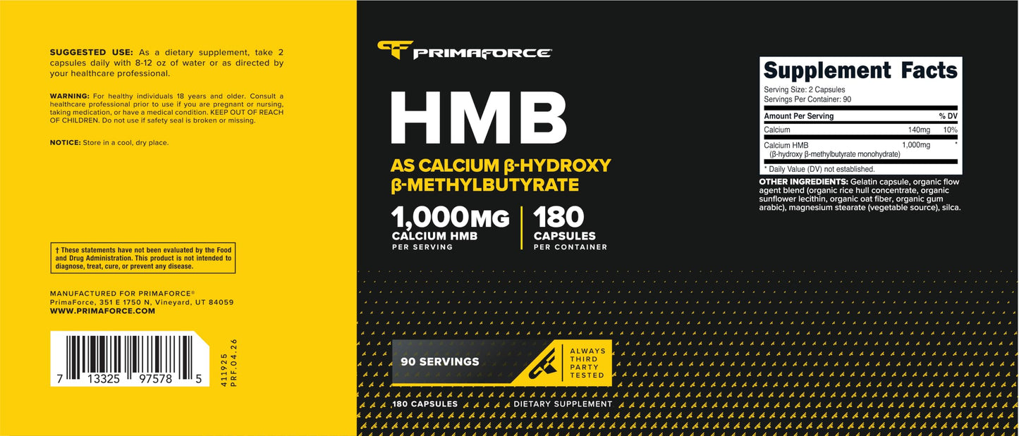 Primaforce HMB (Beta-Hydroxy Beta-Methylbutyrate) 1000mg, 180 Capsules